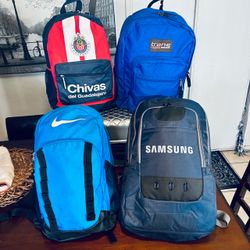 (4) Backpacks Nike, Samsung, Jansport & Chivas, Multiple Compartments + Zippered Pockets- see Prices
