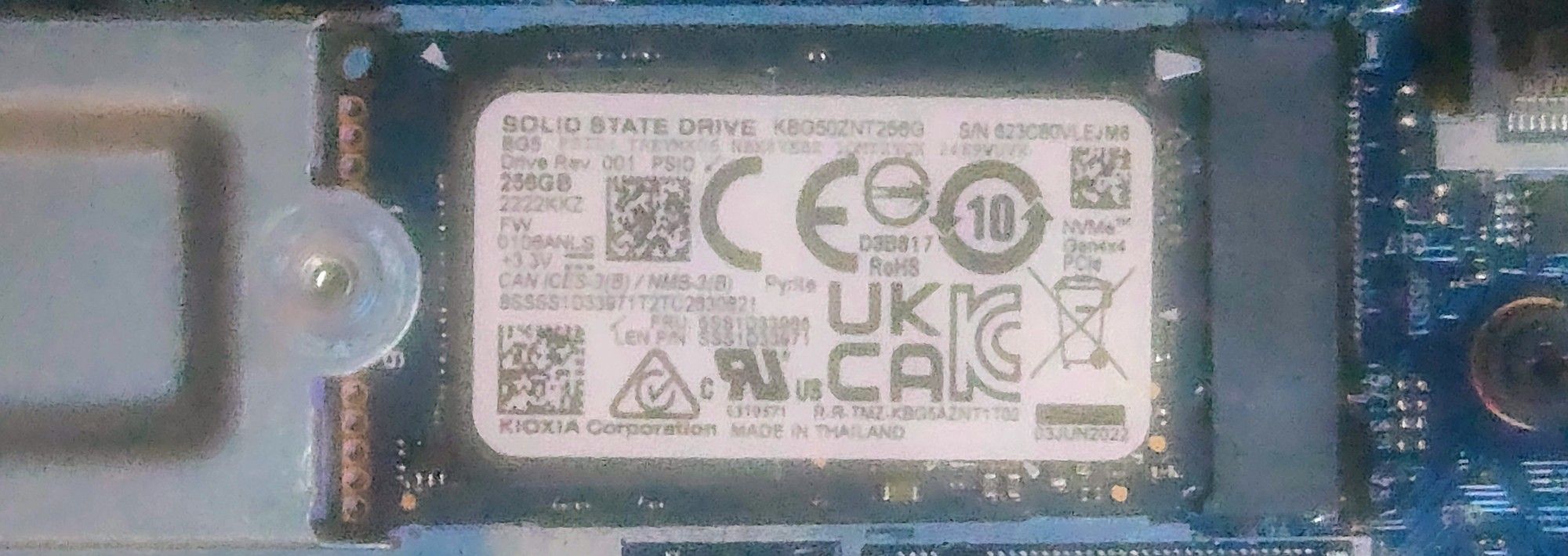 Kioxia Kbg50znt256g 256gb 2242 PCie G4V Nvme M.2 SSD