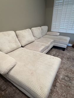 White Corduroy Sectional Sofa with Chaise