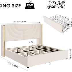 😀 King Size HITHOS Upholstered LED Bed Frame with 2 Storage Drawers, Velvet Platform Bed with Wingback Headboard, Solid Wooden Slats Support, No Box 