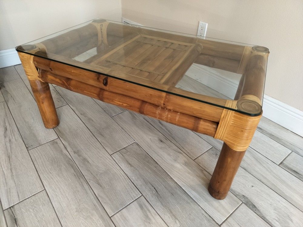 Vintage Coastal BoHo Elephant Bamboo Coffee Table Accented With Split Bamboo, Tempered Glass Top and Leather Wraps.