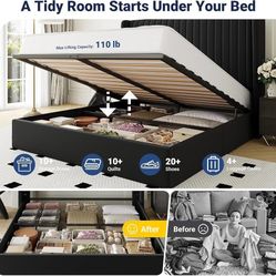 Out Furniture Full Size Lift Up Storage Bed Frame, Hydraulic Support System, Upholstered Platform Bed Frame, Underneath Storage,