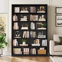 Black 6 Tier Double Wide Bookshelf Freestanding Display Storage Shelf $150