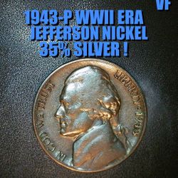 1943-P NICE JEFFERSON WWII ERA 35% SILVER NICKEL IN VF CONDITION AS SHOWN !