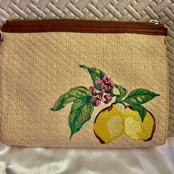 Talbots Embroidered Paper Straw Lemon  Wristlet  Clutch Bag