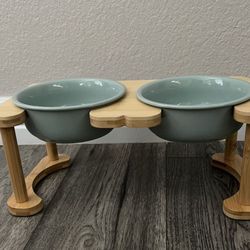 Pet Bowls-  Two Ceramic Bowls + Bamboo Wood Stand, Light Green