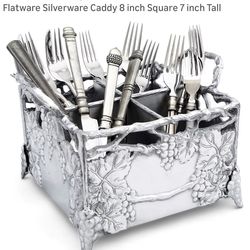 Arthur Court Designs Aluminum Metal Grapevine Flatware Silverware Caddy 8 inch Square 7 inch Tall