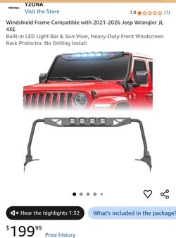 Windshield Frame Compatible with 2021-2026 Jeep Wrangler JL 4XE Built-in LED Light Bar & Sun Visor, Heavy-Duty Front Windscreen Rack Protector. No Dri