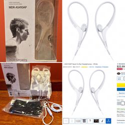 NEW ~ Sony MDR-AS410AP/W Stereo Headset Headphones Sports Active Running Working Out Water Resistant