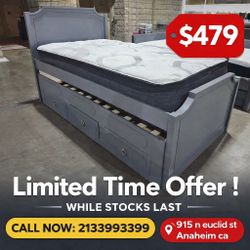 DARK GRAY Wooden Platform Bed w/ Trundle - TWIN-TWIN
