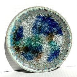 Blue Green Tan Ceramic Infused Crackled Glass Pottery Round Plate Trinket Dish Ashtray, Candle Holder 