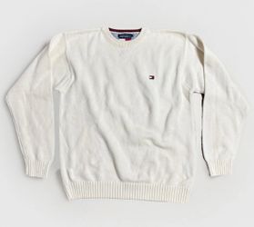 Vintage Tommy Hilfiger Mens Large Heavyweight White Cotton Knit Crewneck Sweater