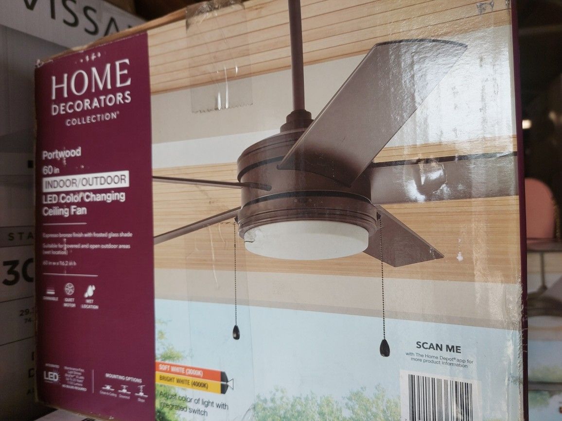 Home Decorators Portwood 60 In LED Ceiling Fan, Indoor/Outdoor, Dimmable Color Change LED