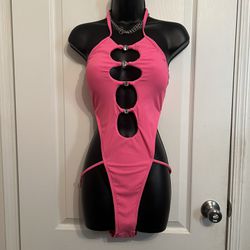NEW : Fashion Nova 🏷️ Hot Pink Cut out Jeweled High Rise 1 Piece Bathing Suit/ Rave Outfit 👙💖 ( 1 Piece Rave Outfit/hot Pink Bodysuit/day Club)