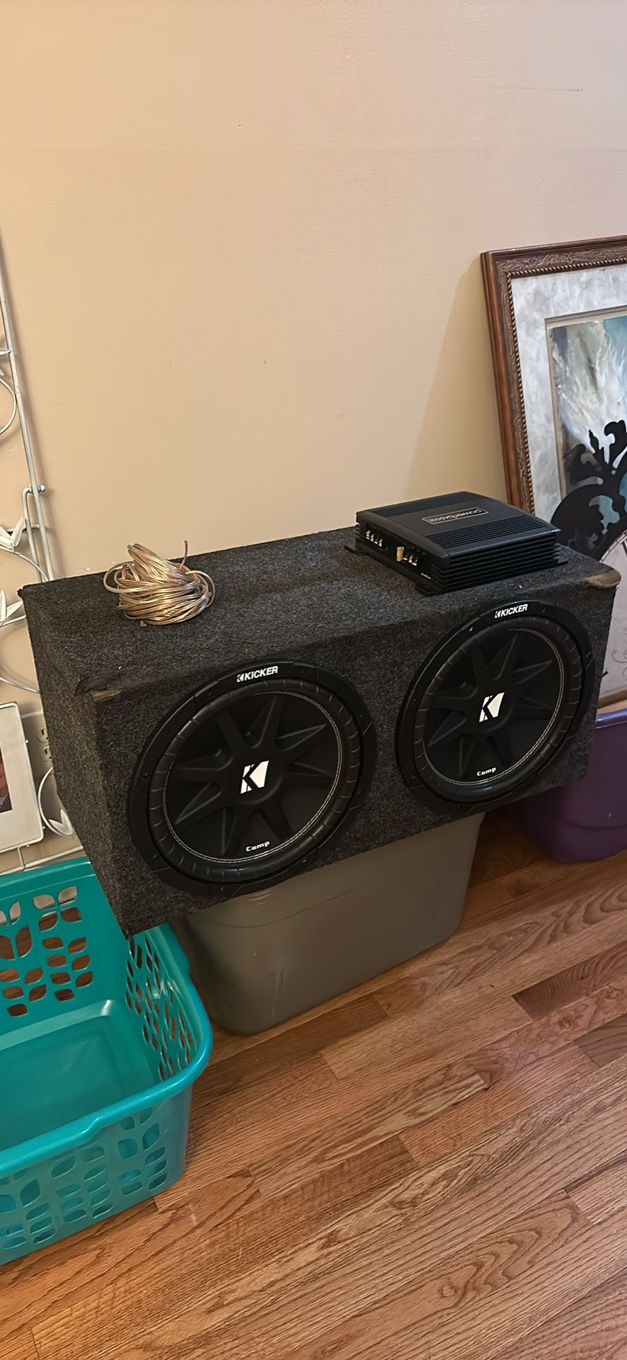2 Kicker 12’s With A Box Amp And Some Wiring 