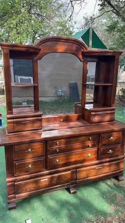 Wood Dresser with Mirror and Hutch