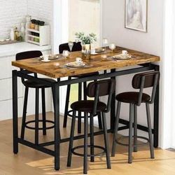 New Industrial Bar Dining Table and Set for 4 PU Leather Chair Set, Kitchen Counter Height