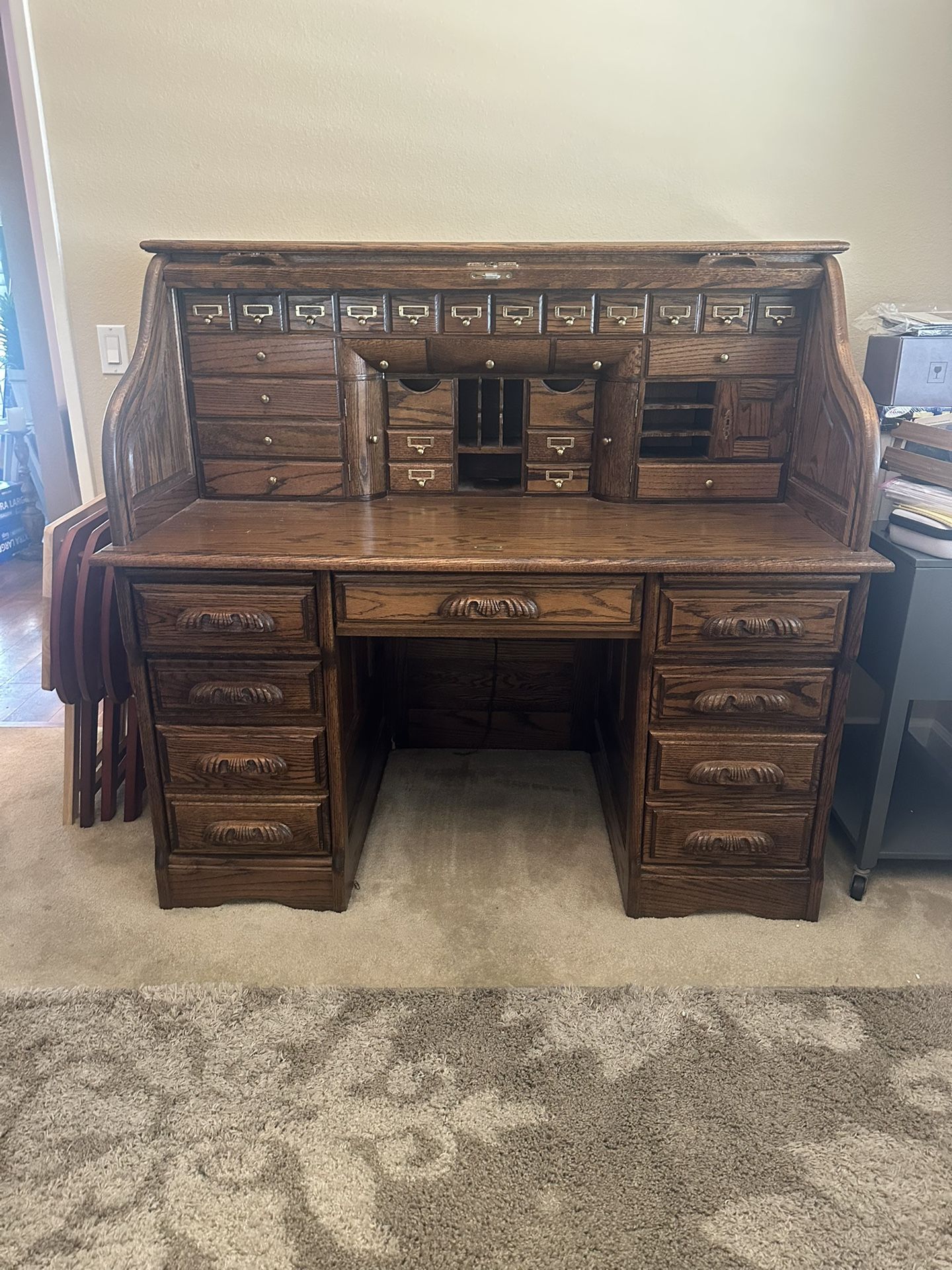 Vintage Oak Desk Roll Top Desk With Chair