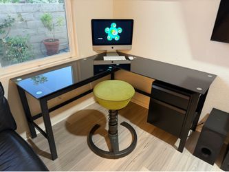 Beautiful tempered glass L shaped mental frame desk with drawer and filing cabinet