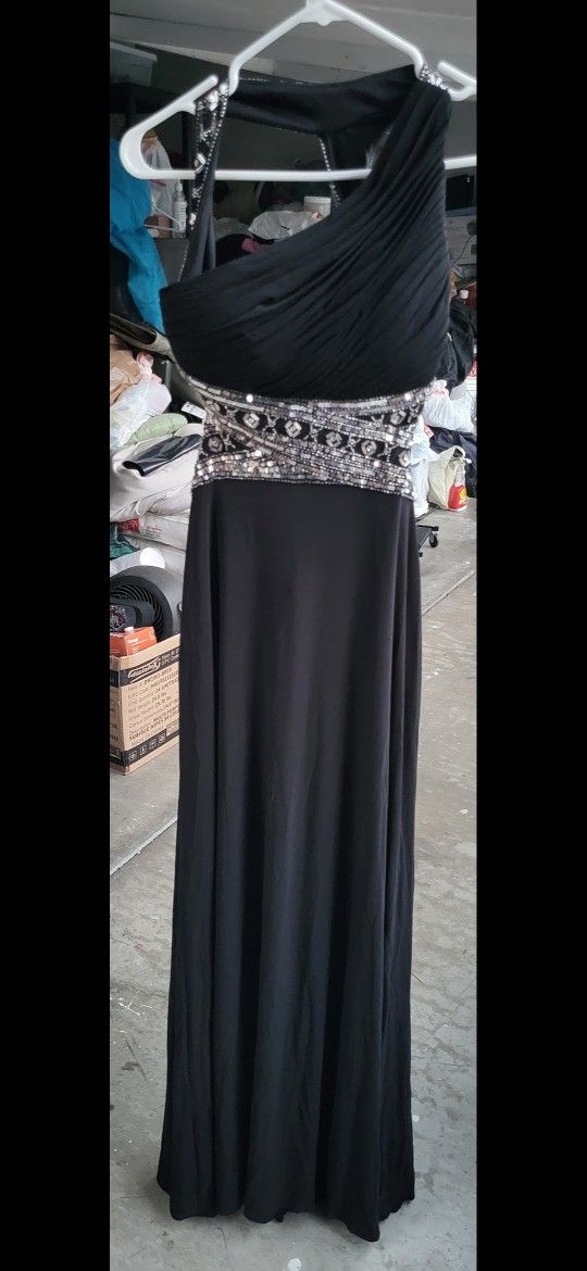 New Betsy & Adam Sequin Beaded One Shoulder Open Back Evening Party Formal Dress