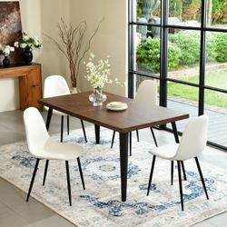 Homy Casa STAN 5PC Dining Set 63” Walnut Table with 4 Charlton Lumos Beige Fabric Chairs for Dining Room