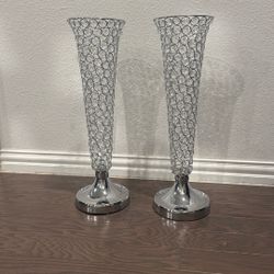 2-Crystal Beaded Silver Trumpet Vases