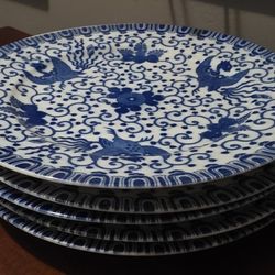 1950s Japan Blue & White "Phoenix" Design Luncheon Plate