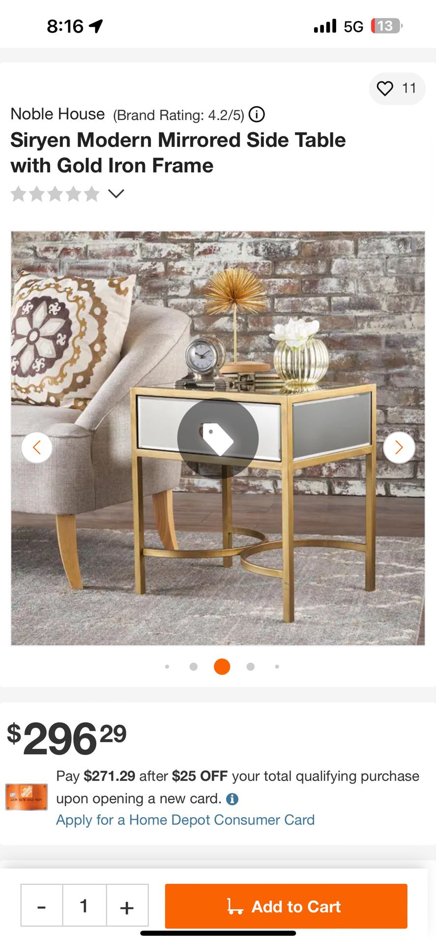 Mirrored Side Table with Gold Iron Frame