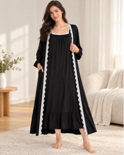 Breastfeeding Black Lace-Trim Nightgown and Robe Set L