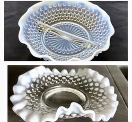 Vtg Fenton Opalescent Moonstone Ruffled Edge Hobnail Divided Dish & Trinket Dish