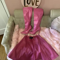 Barbie Pink Boots Size 6.5 And Leather Skirt Small $87.00 Boots $77.00 Skirt 