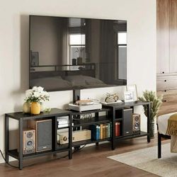 79 Inch TV Stand for TVs up to 85 Inch with Mount and Power Outlet, 3 Tiers TV Console with Storage Shelves, Black