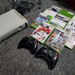 White Xbox 360 With 2 Controllers And 11 Games