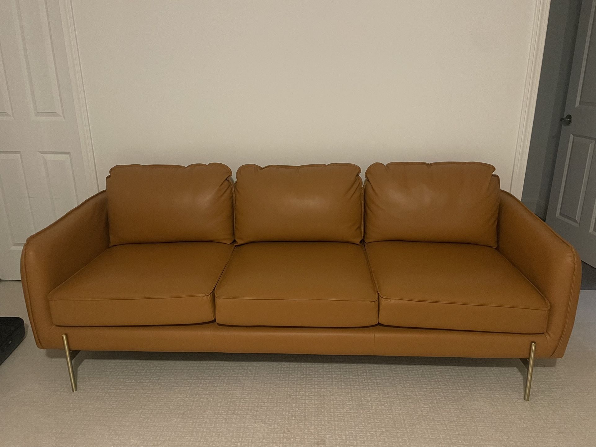 Two Matching Leather 3-Seat Sofas - Stylish Camel