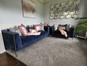Navy Blue Velvet Couch and Oversized Chair with Nailhead Trim