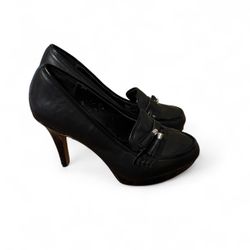 Black leather loafers with silver buckle,heel #glam #retro