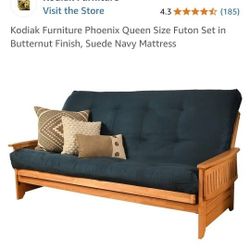 Futon. Queen size. Navy suede. Never used.