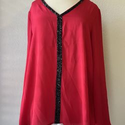 Women’s Size M Red V-Neck Blouse with Rhinestone Accent