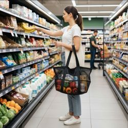 X-Large High-Capacity Mesh Transparent Storage Shopping/Picnic/Beach/Pool Bag Color Black. Unused Condition. This tote is a large, black mesh bag comm