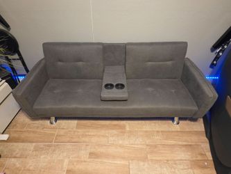 Gray Fabric Futon Sofa with Cup Holders