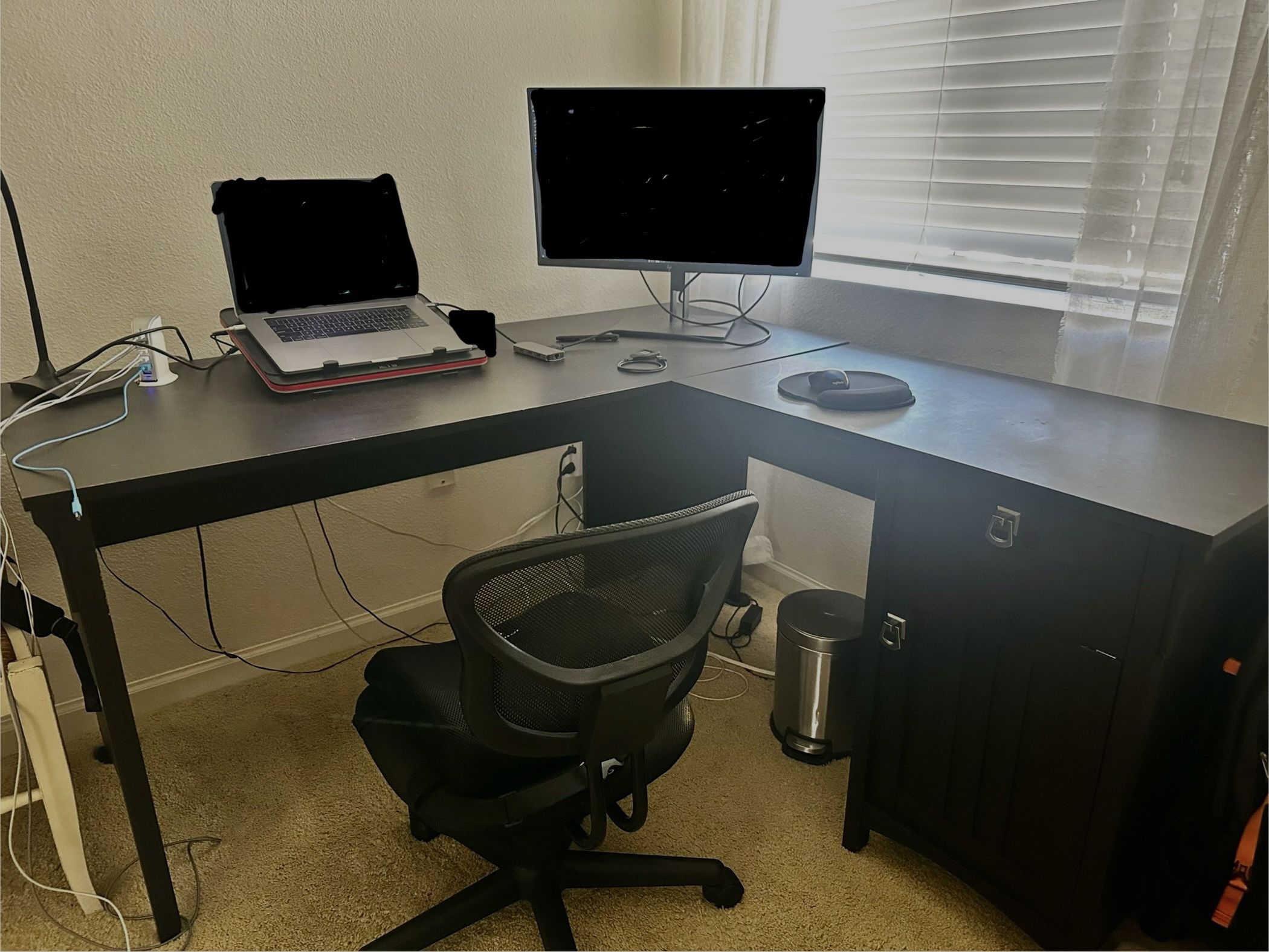 Black L-shaped Desk With Cabinet And Drawer