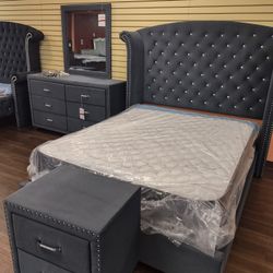 Four Piece California King Bedroom Set Cal King Bed Frame Dresser Mirror And Nightstand