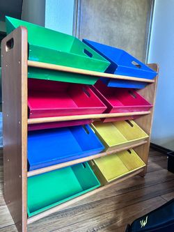 FAO Schwarz Wooden Toy Organizer with Colorful Bins