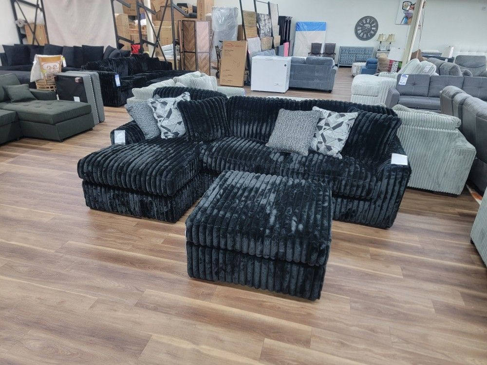 2pc Sectional In Black Corduroy, Ottoman Is Separate