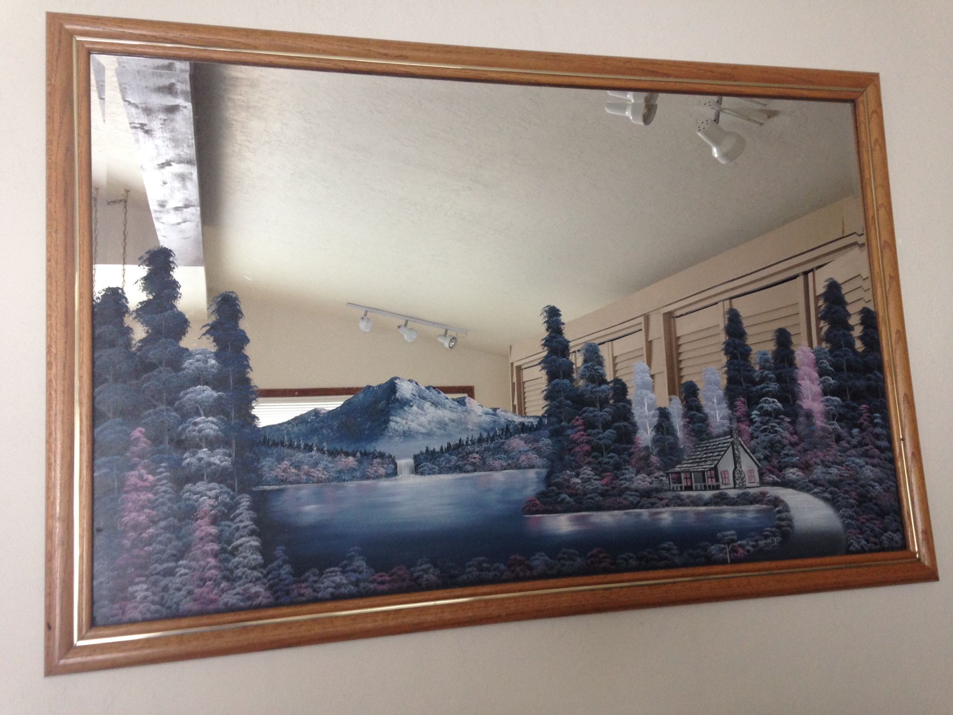 Mirror w/Cabin, Trees, Mountain Scene