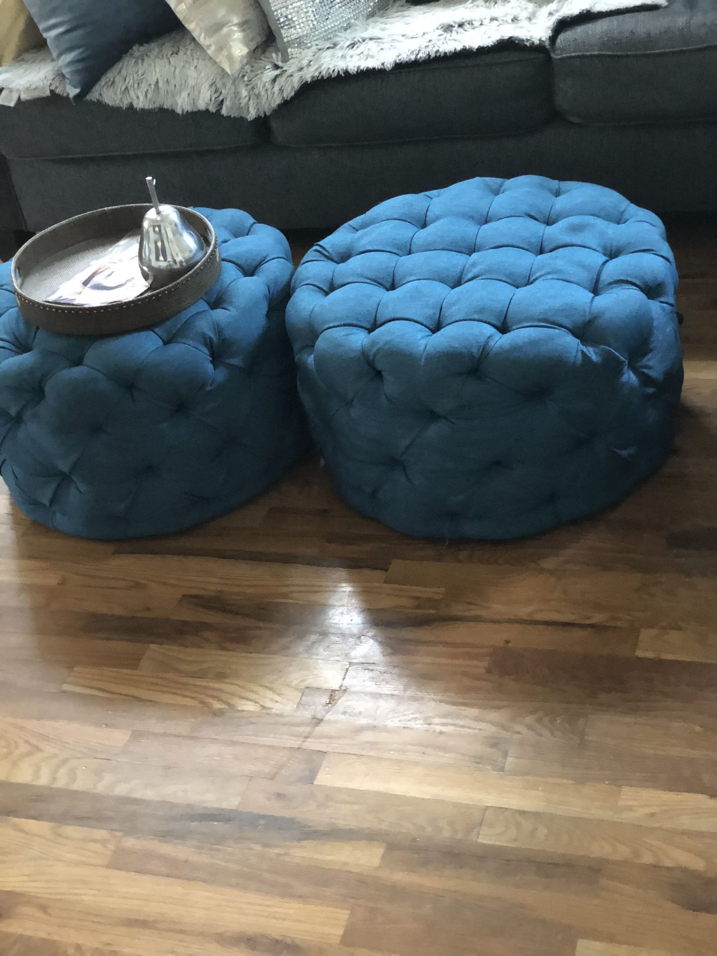 2 Tufted Peacock Blue Ottoman