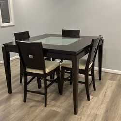 Dark Wood Glass High Top Table and Chairs For Sale