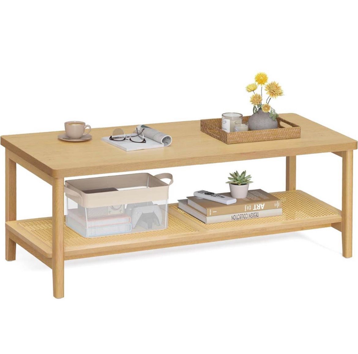 Tier Coffee Table for Living Room, Rectangular Living Room Table, with PVC Rattan Storage Shelf, Rounded Corners, Easy Assembly, Boho Styl