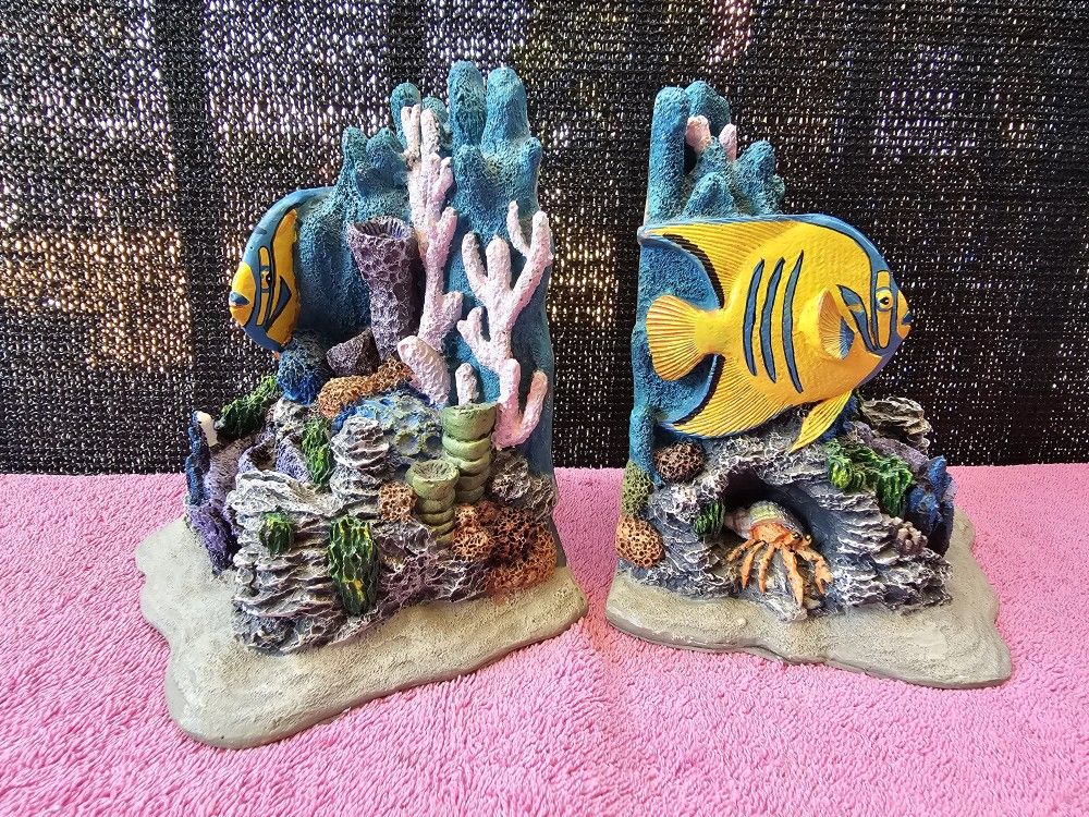 Tropical Fish Coral Reef Bookends Figi Graphic 1993 Ocean Beach Book Holder
