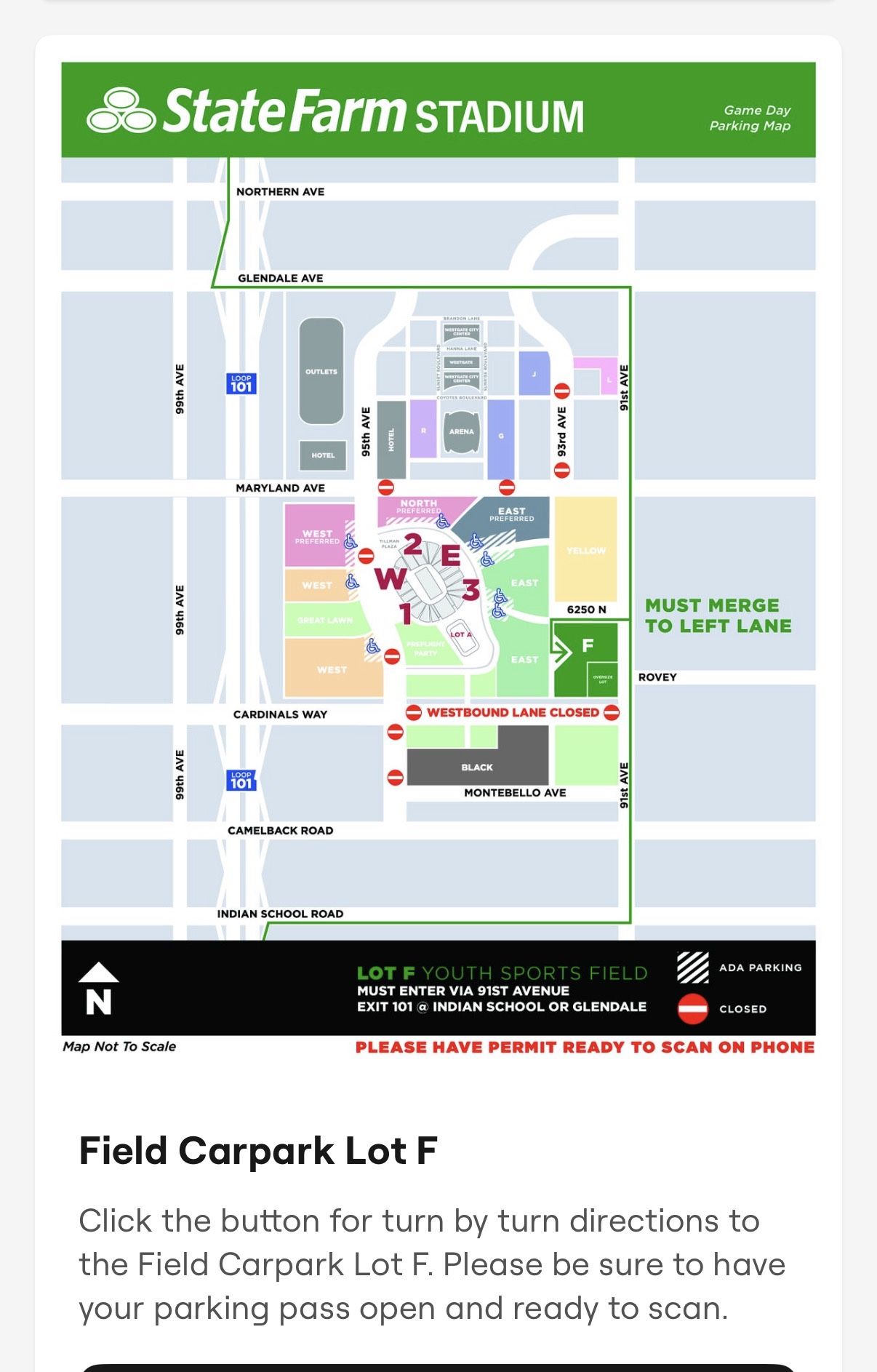 Cardinals State Farm Stadium Parking Pass Green Lot F